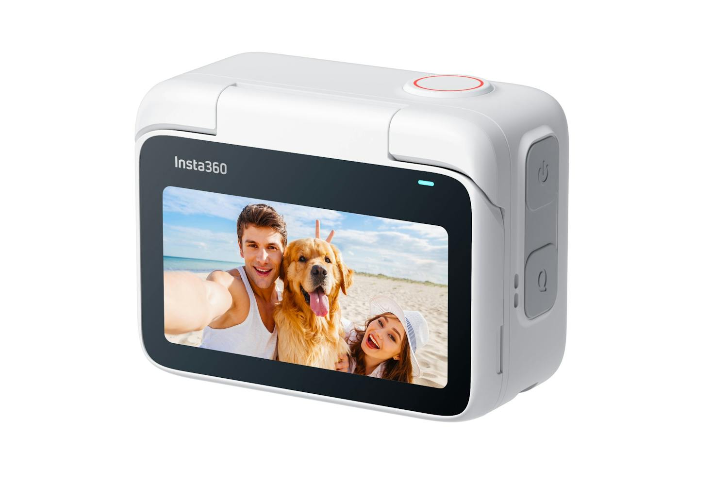 Insta360 ja kosketusnäyttö. GO 3:a on helpompi käyttää, kun se asetetaan Action Podiin, jossa on kallistettava kosketusnäyttö.